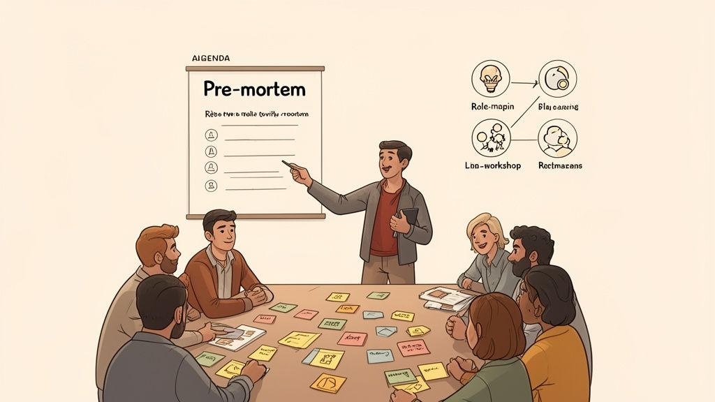 A team collaborates in a workshop setting, discussing a 'Pre-mortem' agenda with a presenter.