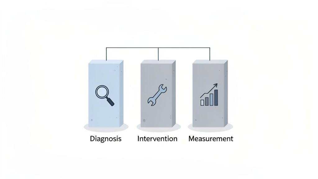 A visual representation of a three-step process: diagnosis (magnifying glass), intervention (wrench), and measurement (bar chart).