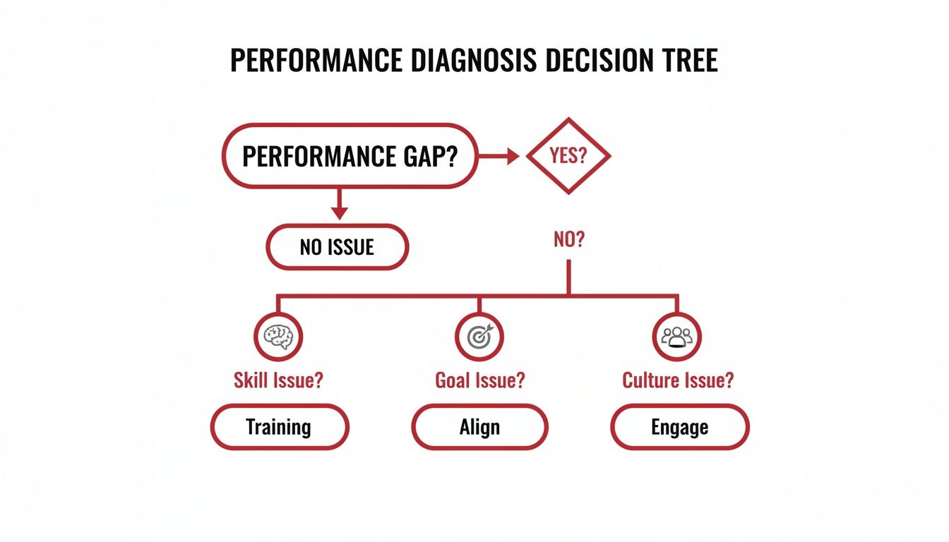 Decision tree for diagnosing performance gaps, identifying skill, goal, or culture issues and their solutions.