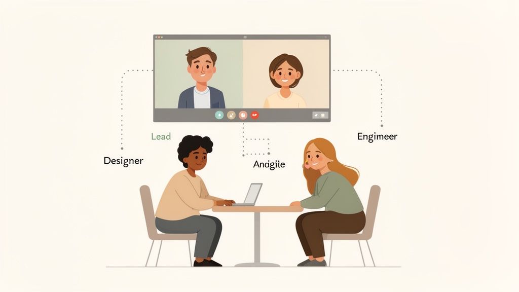 A diverse team, including a designer and engineer, collaborates on a project via video call and in-person.