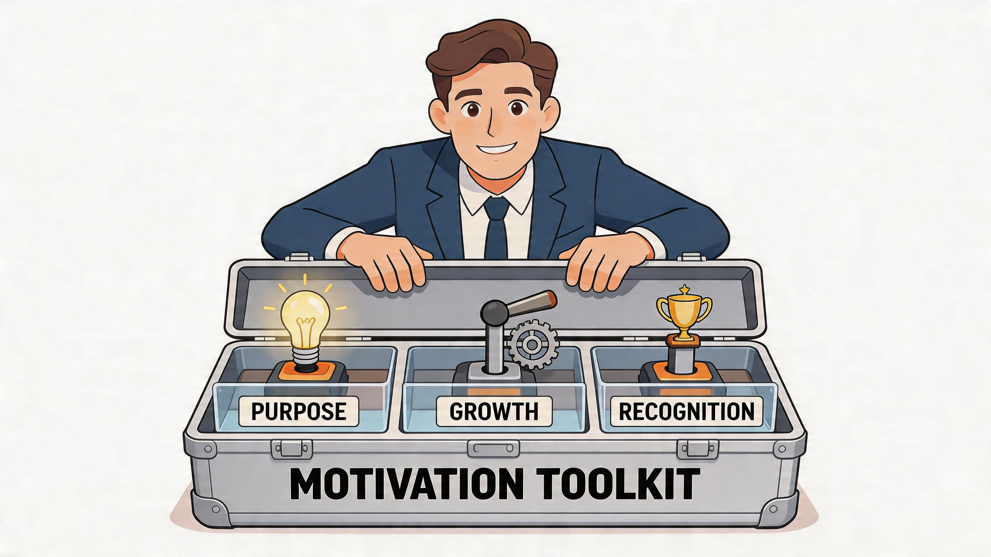 A professional man opening a metal motivation toolkit case containing symbols for purpose, growth, and recognition.