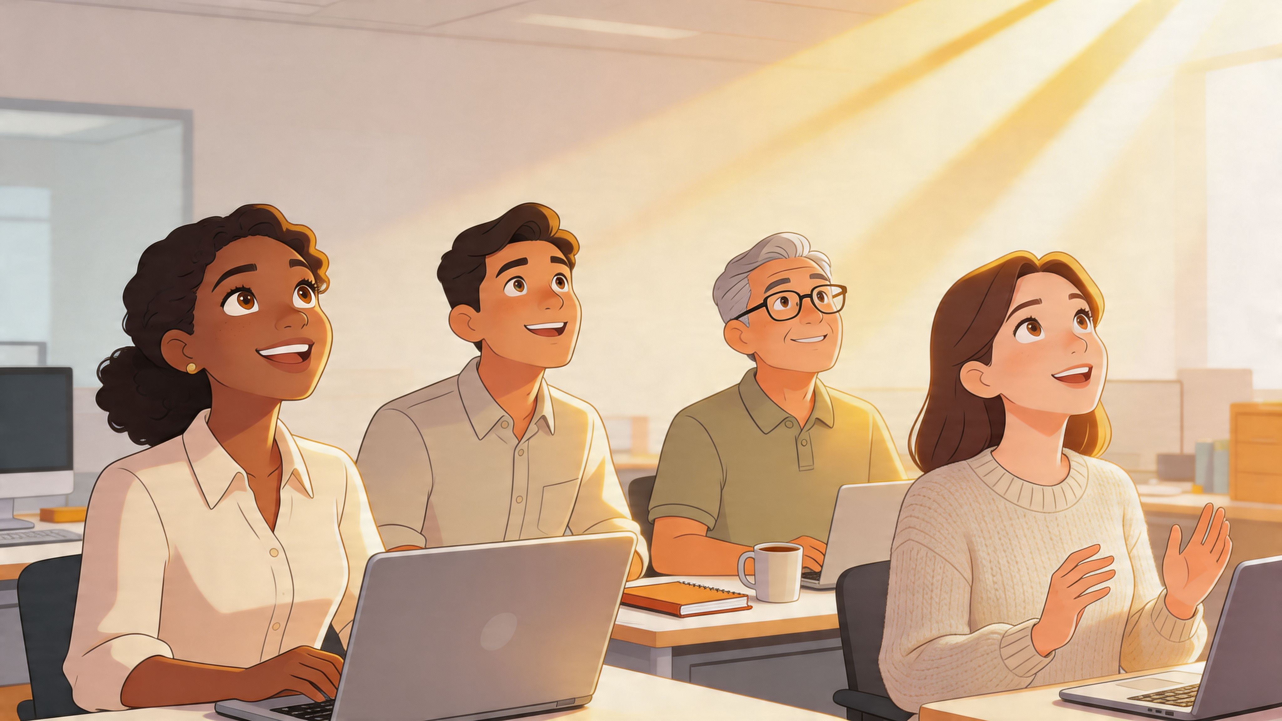 A diverse group of colleagues sitting together at desks with laptops, looking upward with inspired expressions.