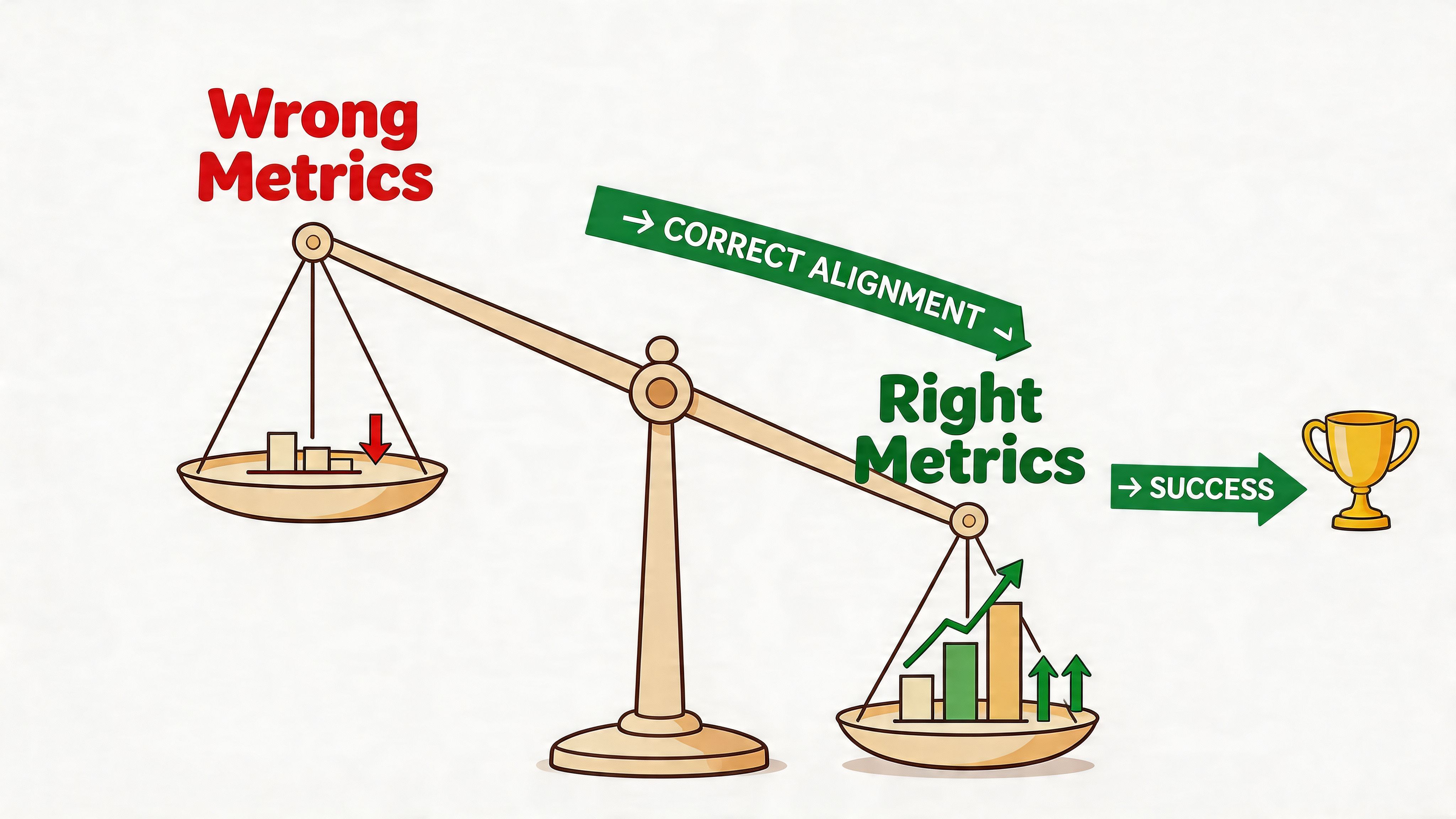 A balanced scale illustration contrasting wrong metrics with right metrics leading to professional success and growth.