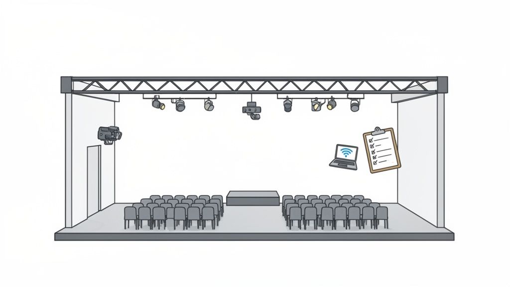 Event hall illustration with stage, seating, lighting, cameras, laptop, and event planning checklist.