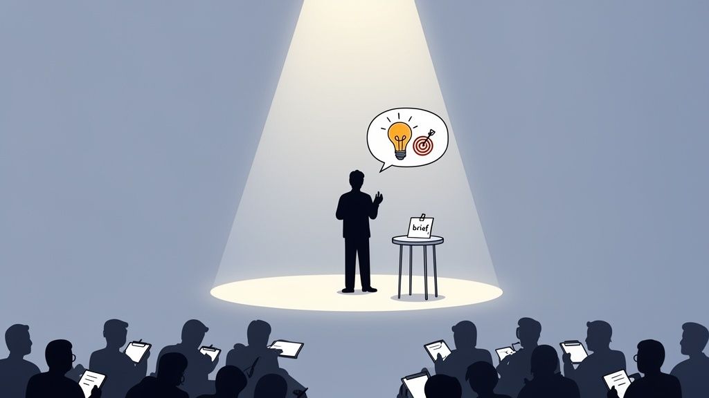 Silhouetted speaker under spotlight presenting ideas and goals to an attentive audience.