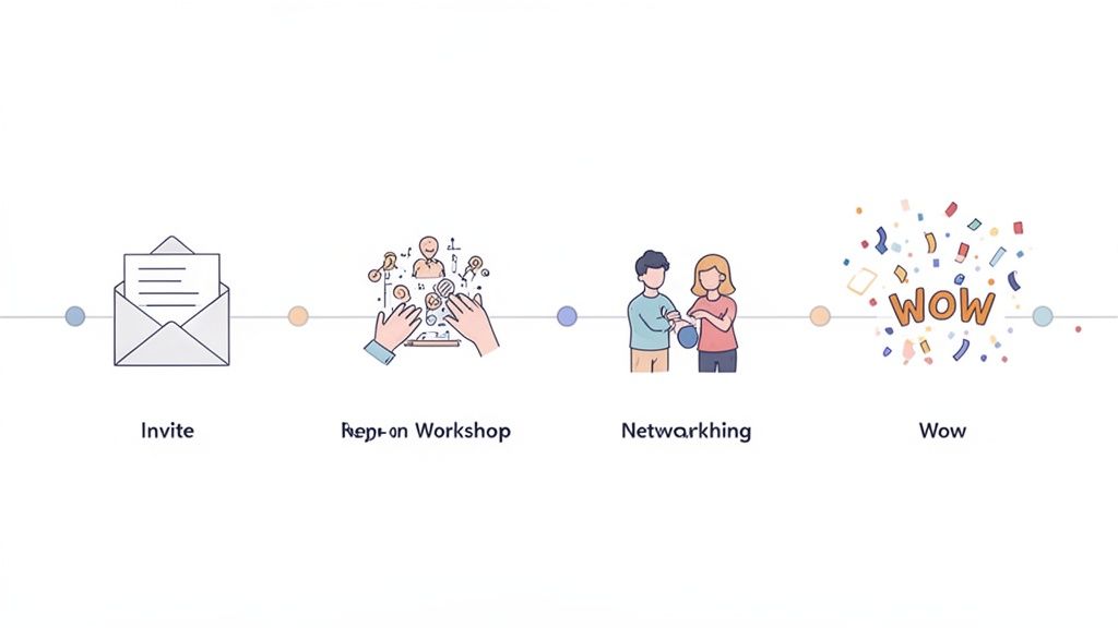 A four-step infographic illustrating a corporate event planning process: invite, workshop, networking, and celebration.