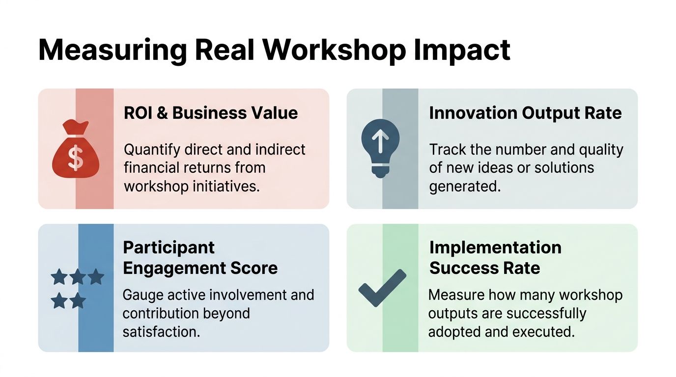 A diagram outlining four key metrics for measuring the impact of business and innovation workshops.
