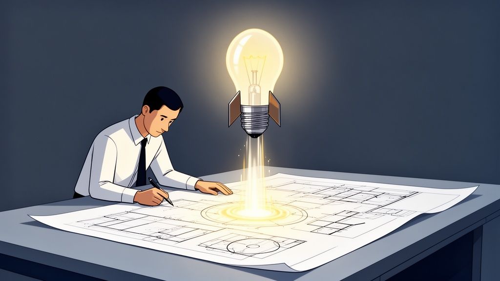 A man drawing blueprints on a desk as a glowing lightbulb rocket launches from the paper, symbolizing an idea.