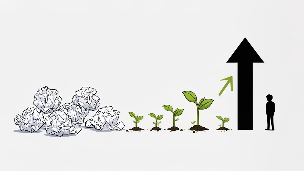 A visual metaphor of growth from crumpled paper to flourishing plants and upward success.