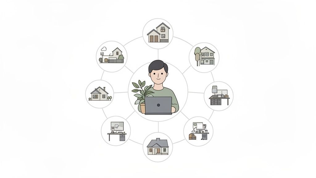 A man works on a laptop, surrounded by interconnected icons of houses and office workspaces.