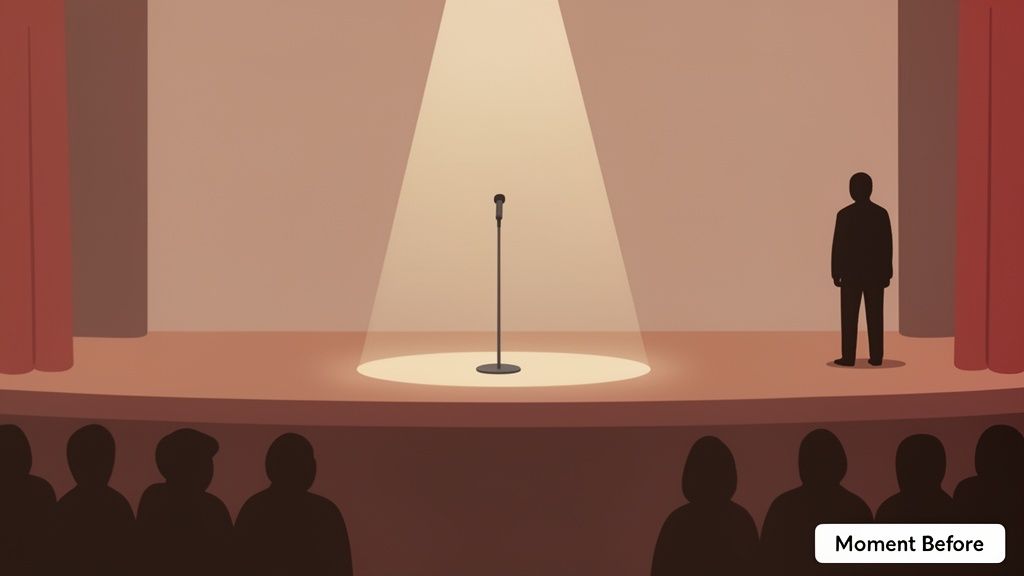 A stage with a spotlight on a microphone, a presenter waits, and an audience watches.