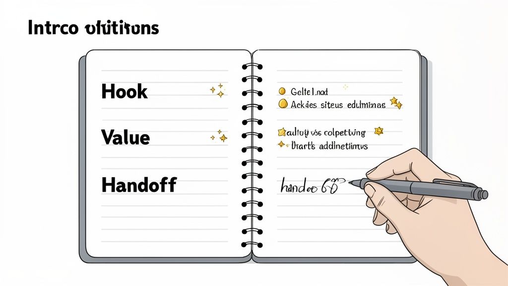 A hand writes in a spiral notebook, outlining an introduction with sections for hook, value, and handoff.