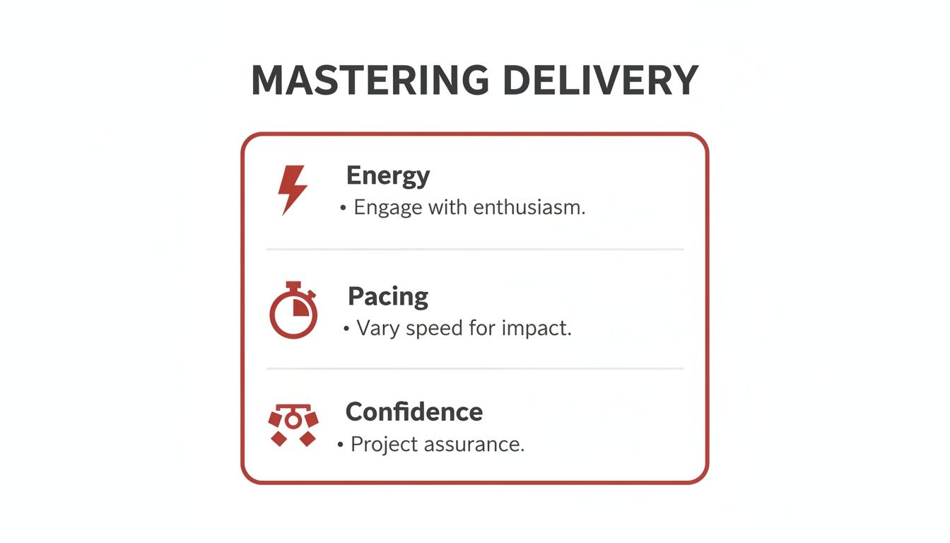 A slide titled 'Mastering Delivery' outlining key presentation skills: energy, pacing, and confidence.