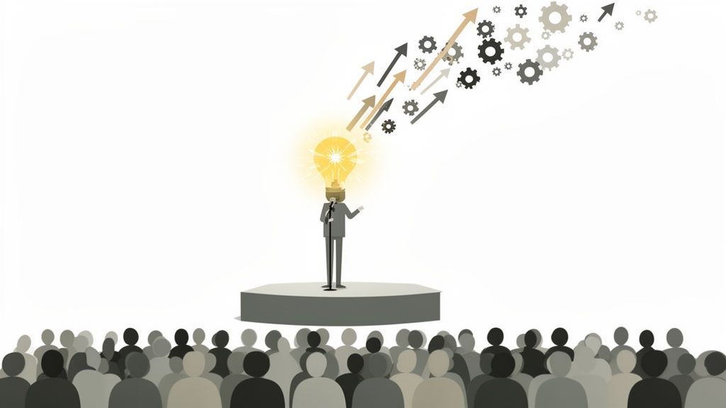Illustration of a speaker with a lightbulb head on a podium, sharing ideas and innovation.
