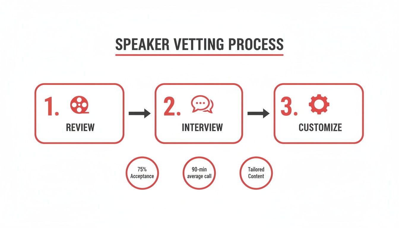 A diagram illustrates a three-step speaker vetting process: Review, Interview, and Customize, with supporting metrics.