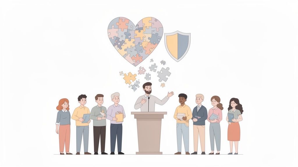 A speaker addresses a diverse audience, with a heart of puzzle pieces and a shield above, symbolizing unity and protection.