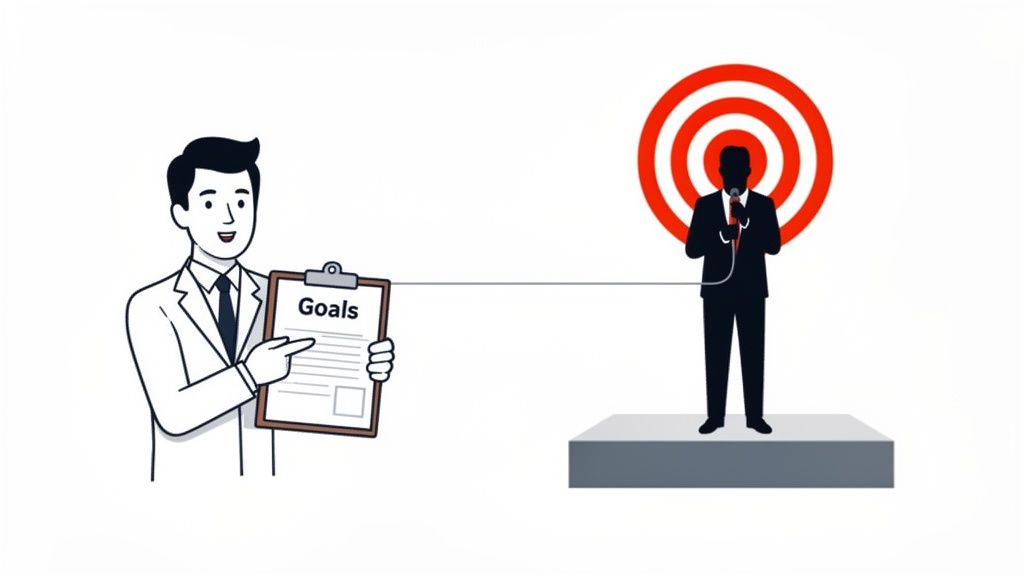 A cartoon man points to a 'Goals' clipboard connected to a keynote speaker silhouette with a target.