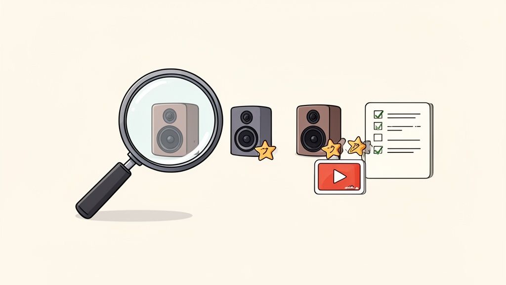 A magnifying glass inspecting a speaker, alongside other speakers with stars, a YouTube icon, and a checklist.