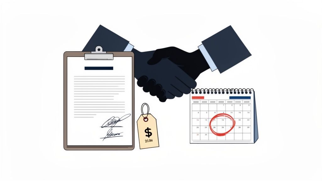 Illustration of a business handshake, signed contract, price tag, and calendar marking a date.