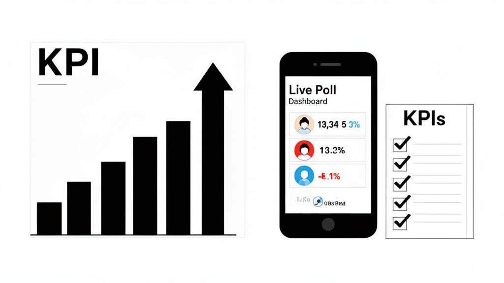 A graphic depicting Key Performance Indicators (KPIs) with a growth chart, mobile dashboard, and a checklist.