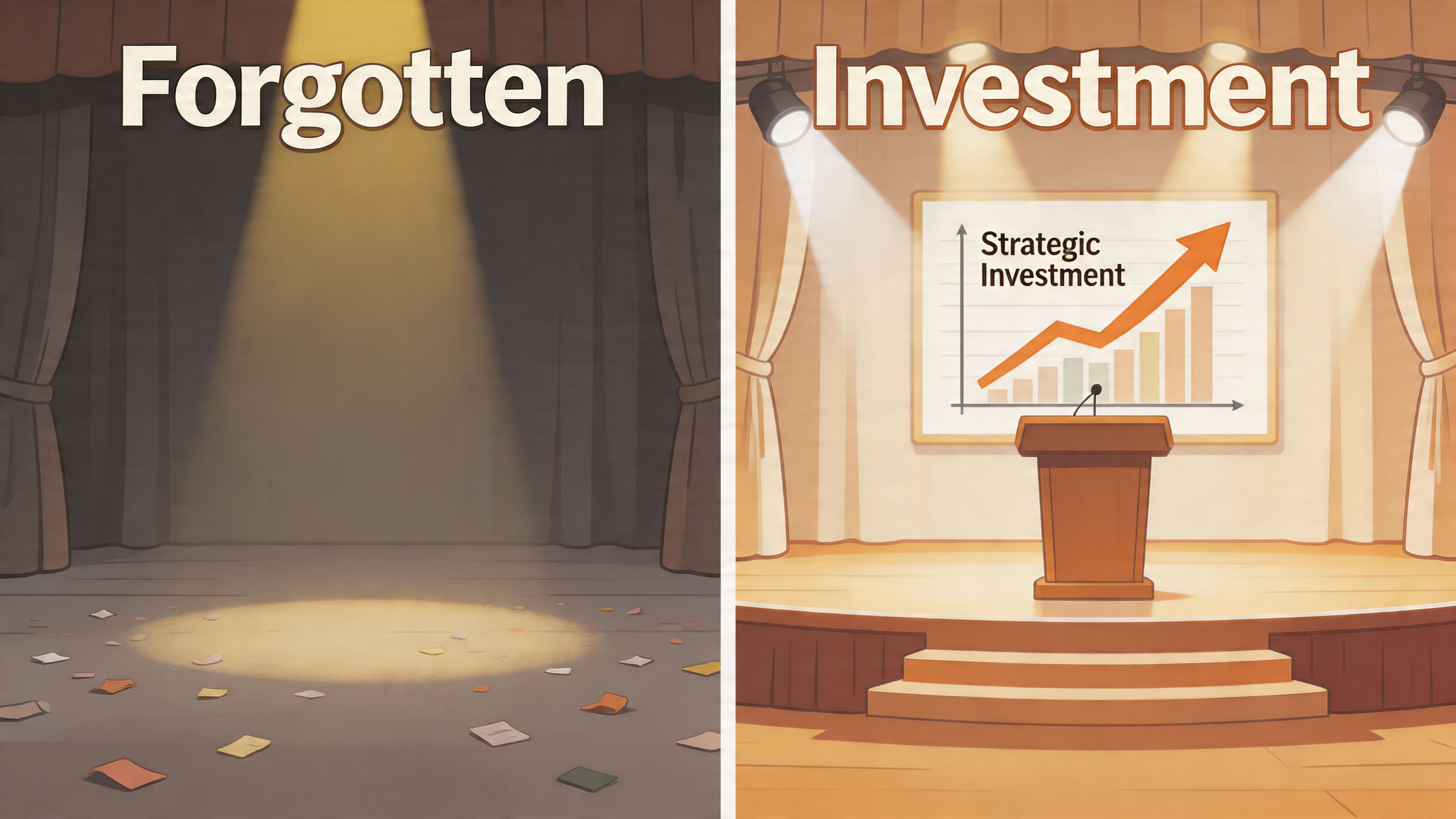 A split image contrasting a dark, messy, abandoned stage labeled Forgotten with a bright, professional presentation stage labeled Investment.