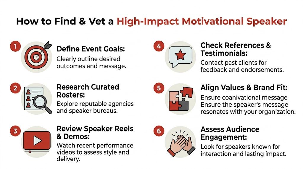 A step-by-step infographic titled How to Find and Vet a High-Impact Motivational Speaker for events.