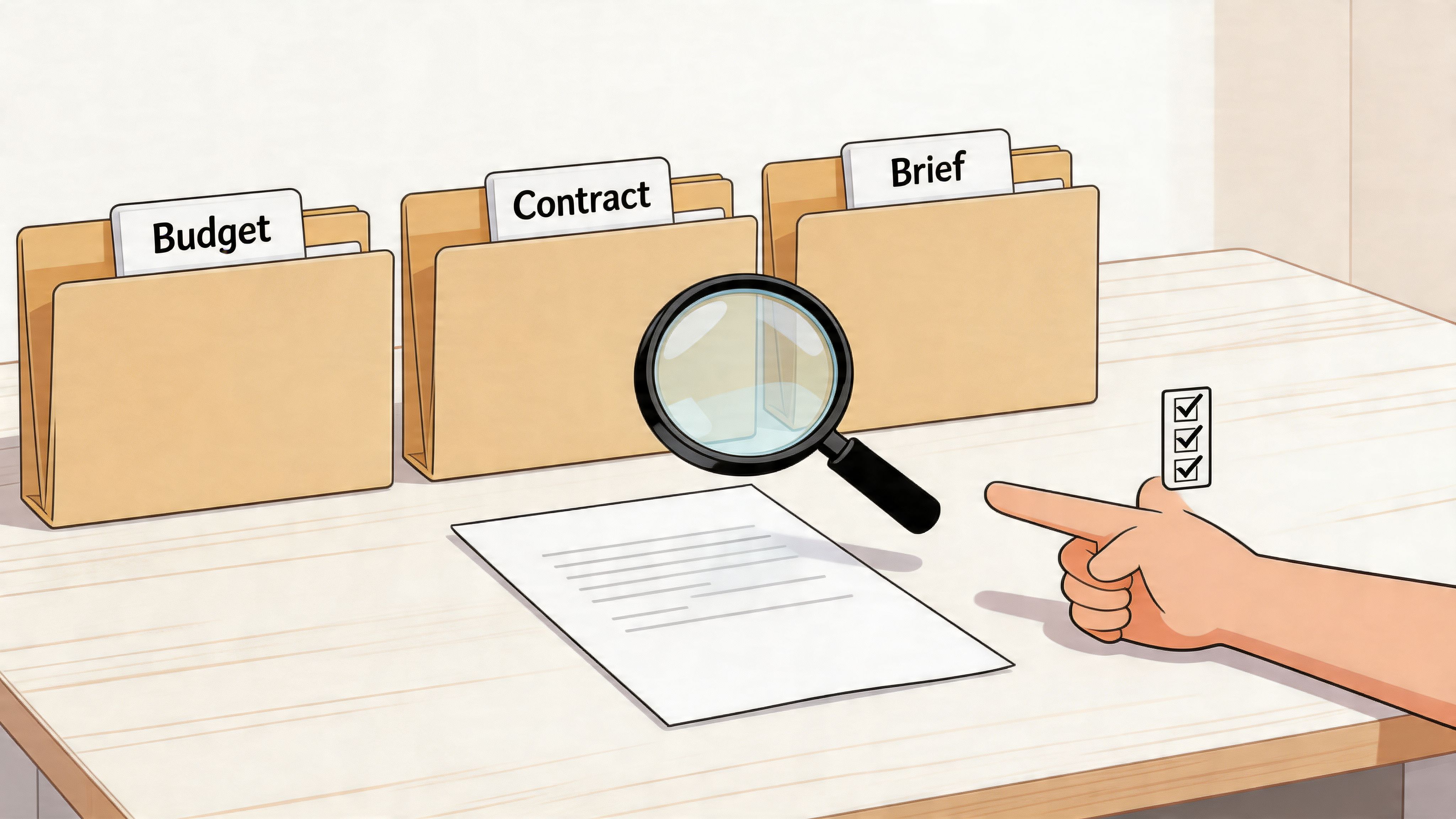 An illustrated workspace featuring folders labeled Budget, Contract, and Brief with a magnifying glass over a document.