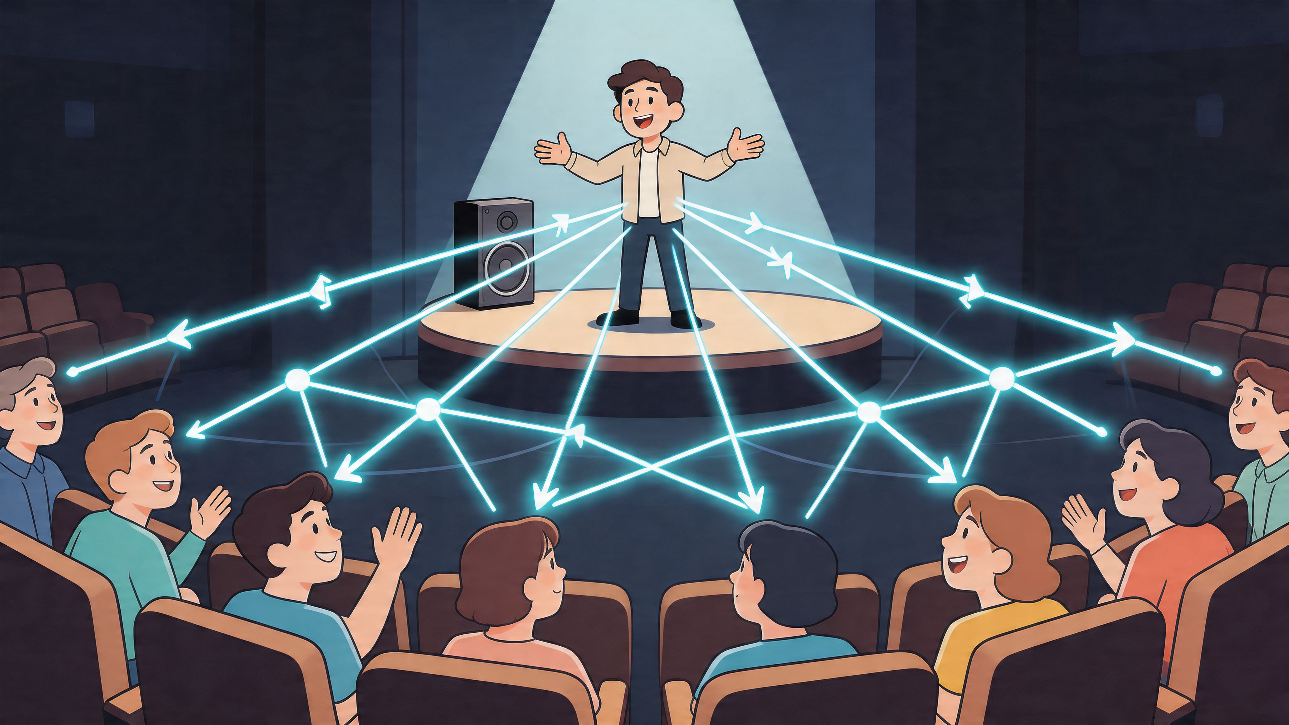 A keynote speaker on stage projecting bright light beams toward an engaged audience sitting in the theater.