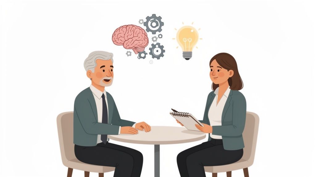 An older man and a younger woman discuss ideas, with brain, gears, and lightbulb icons above them.