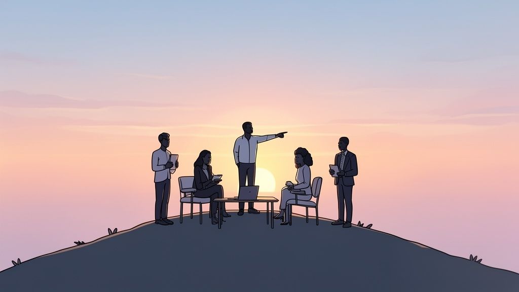 A diverse team of five people meeting on a hill during a colorful sunset, one pointing.