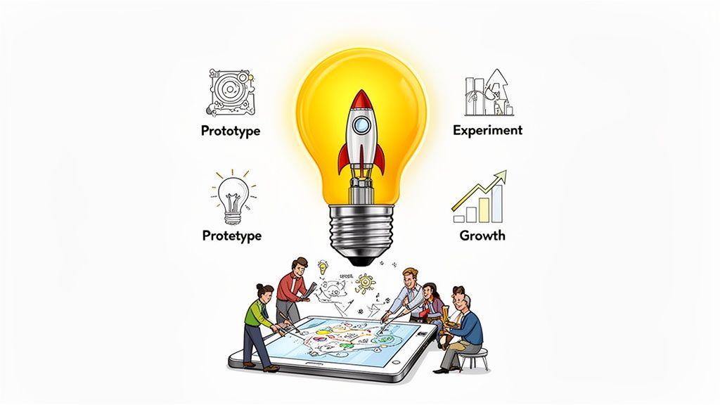 An innovation lifecycle diagram featuring a rocket in a lightbulb, surrounded by prototype, experiment, and growth stages, with people collaborating.