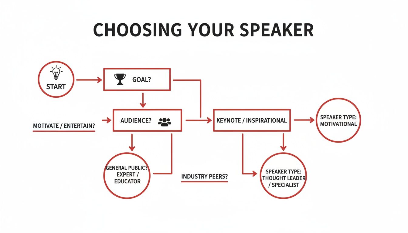 Flowchart illustrating the process of choosing a speaker type based on event goal and audience.