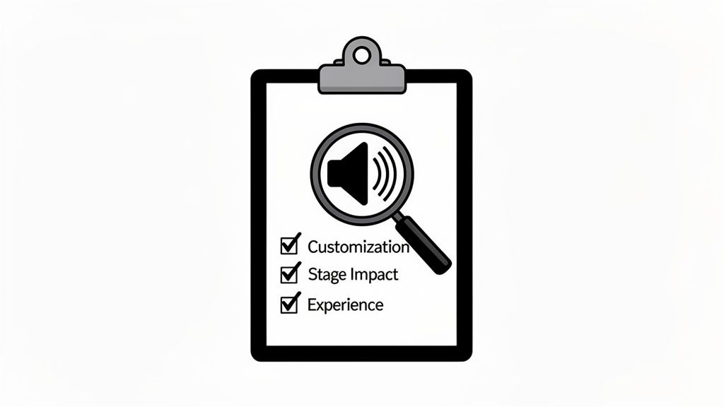 A clipboard with a magnifying glass examining a speaker icon and a checklist for customization, stage impact, and experience.