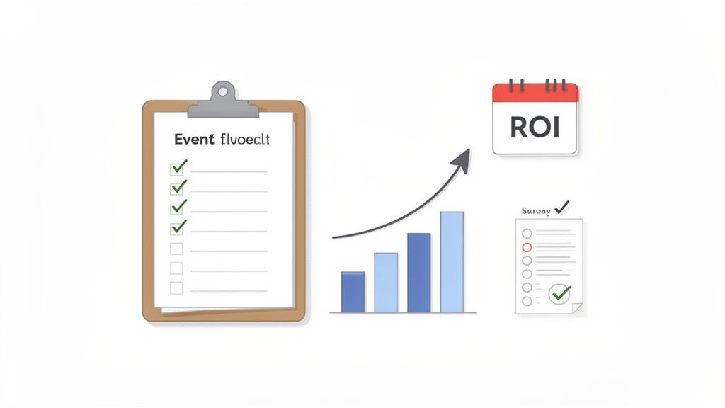 An illustration showing an event checklist, a growing bar graph, an ROI calendar, and a survey.