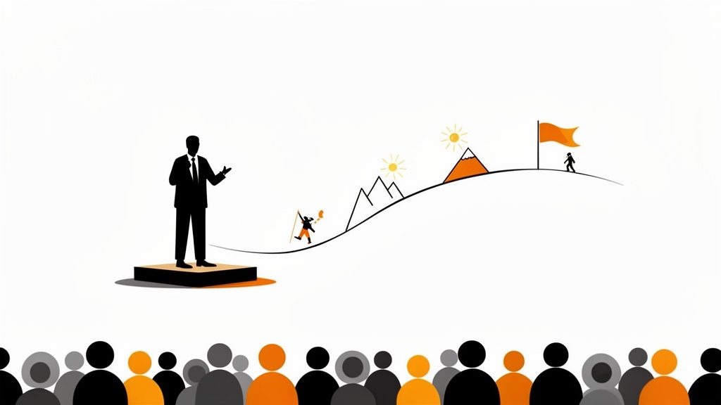 A speaker on a podium presents a visual timeline of human progress and achievement to an audience.