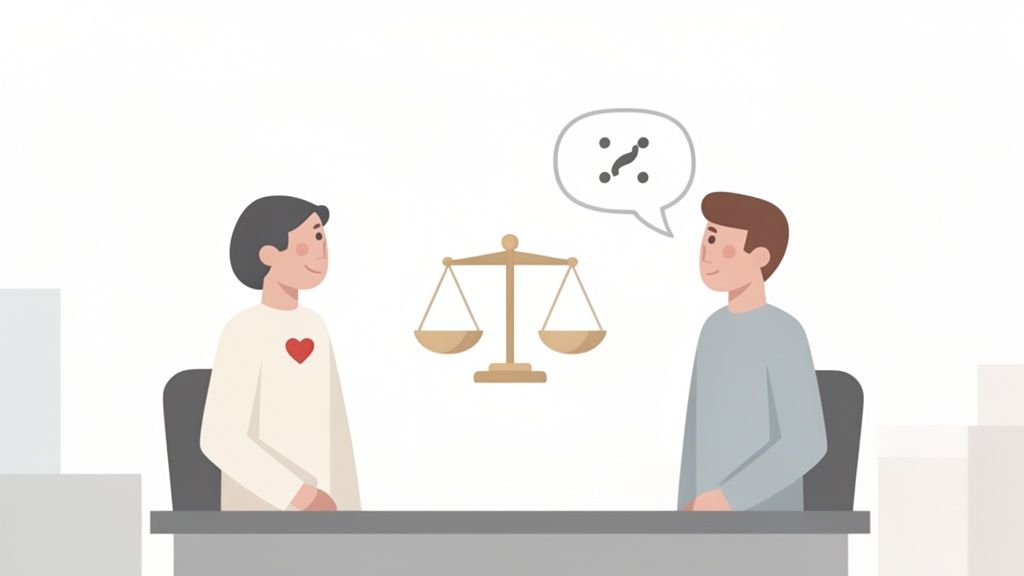 An illustration depicting two people discussing with a balance scale, representing fairness and different perspectives.