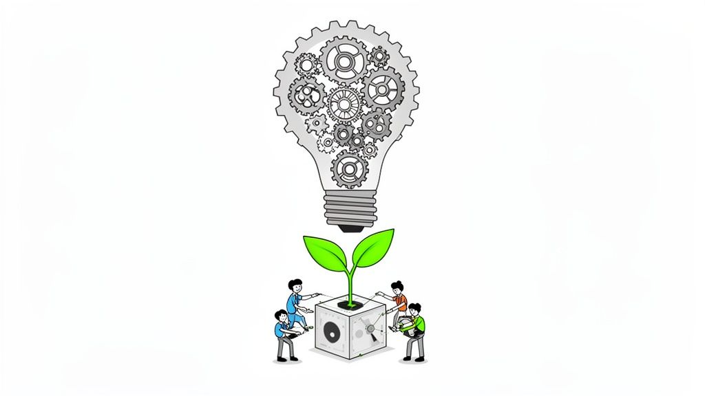 Four people nurture a plant growing from a mechanical cube, under a gear-filled lightbulb representing innovation and growth.