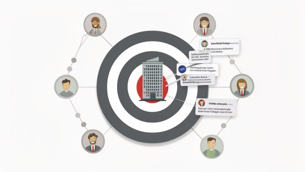 A diagram depicting a central building within a target, surrounded by various people avatars, symbolizing a business network.