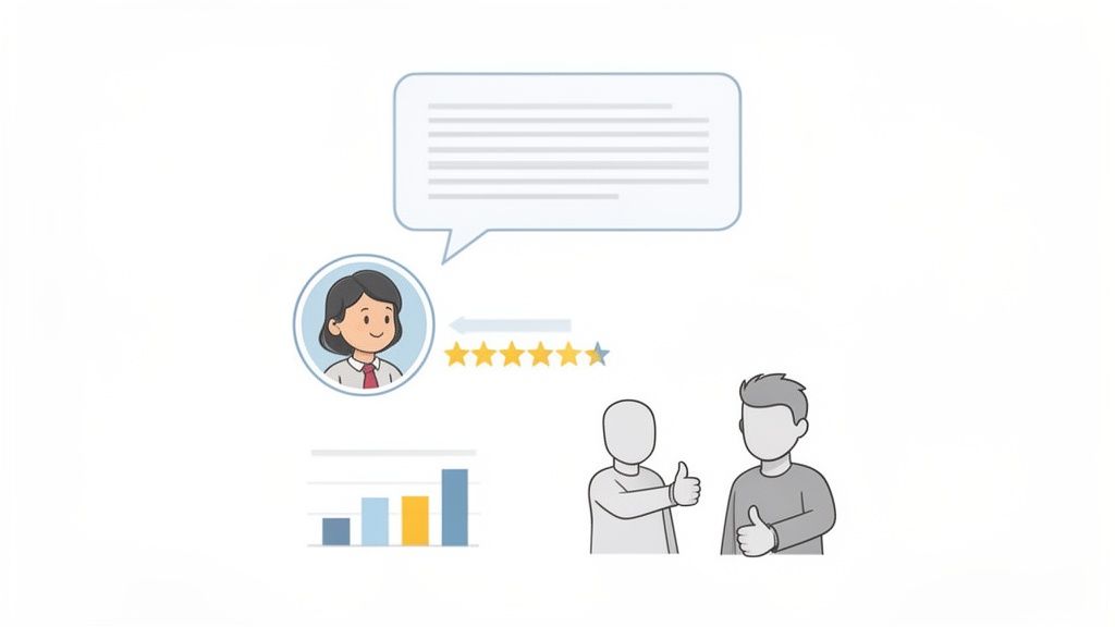 Illustration of customer feedback with a review bubble, five-star rating, thumbs-up gestures, and a bar chart.