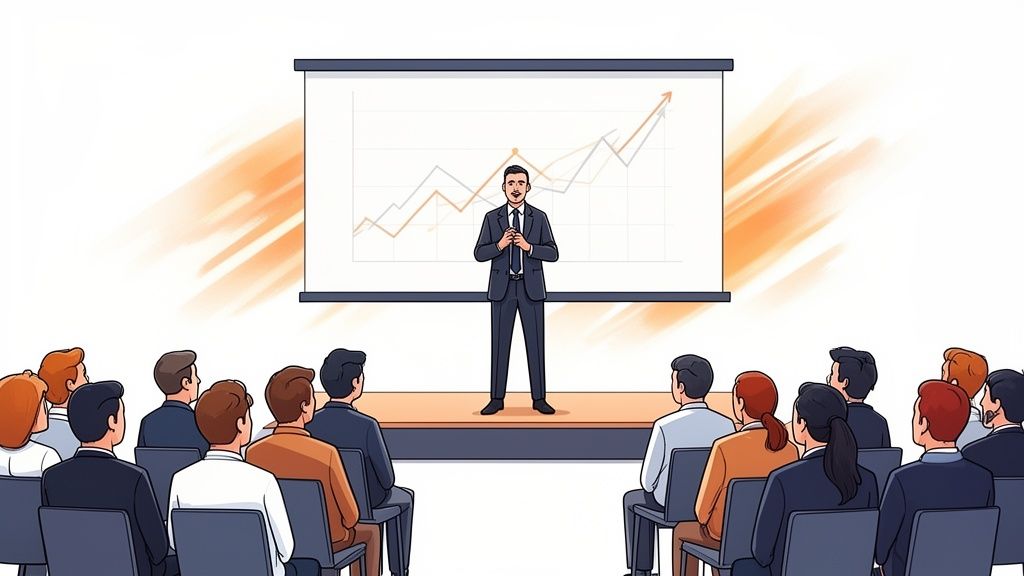 A male speaker in a suit presents a growth chart to an audience at a corporate event.