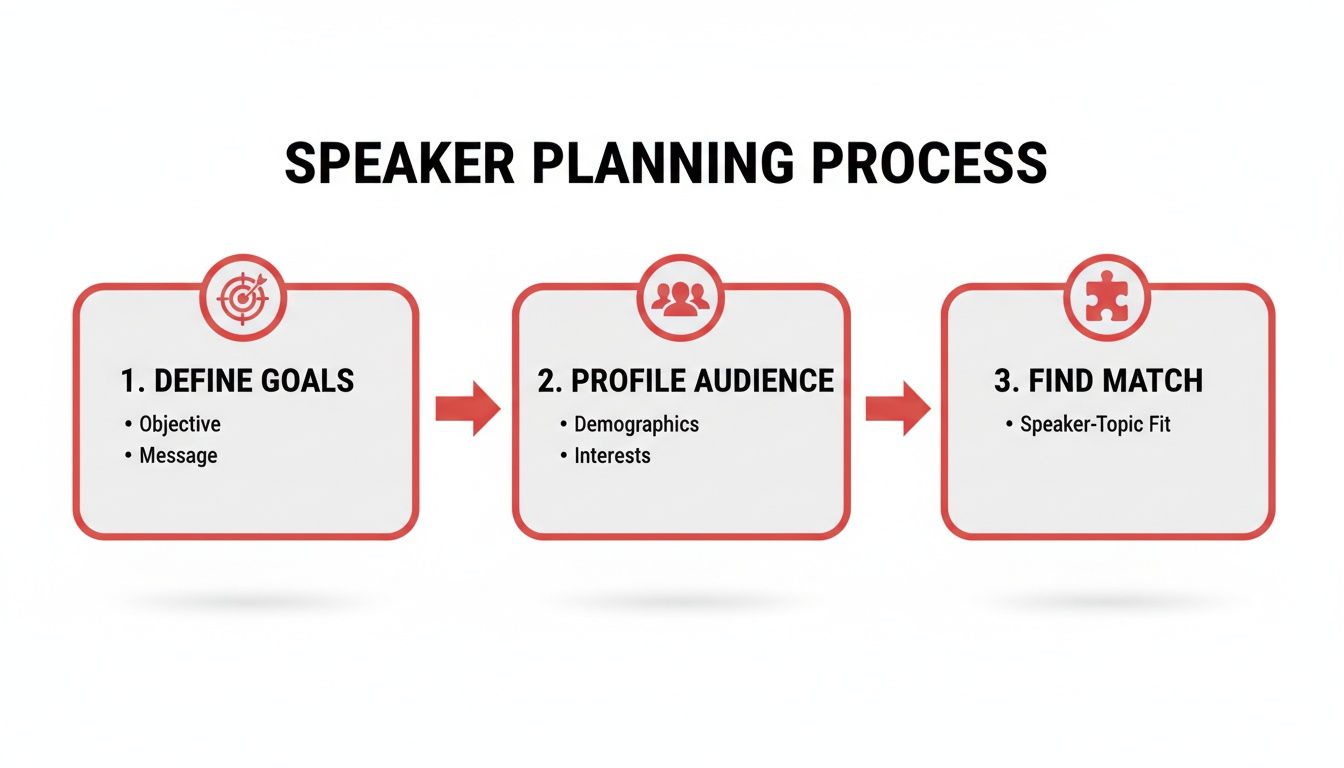 A diagram illustrates a three-step speaker planning process: define goals, profile audience, and find match.
