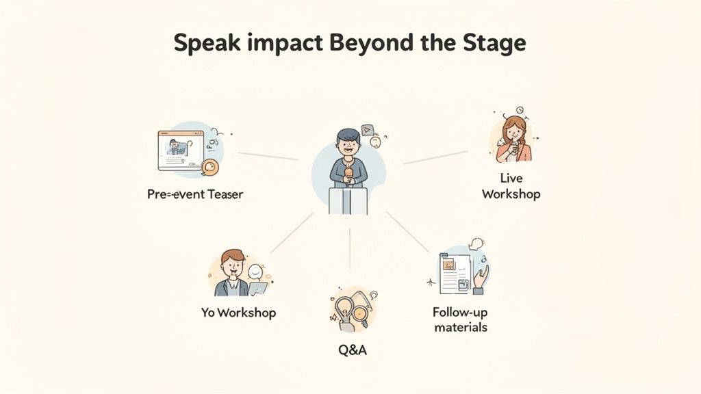 Diagram illustrating a speaker's impact beyond the stage, including pre-event, workshops, Q&A, and follow-up.