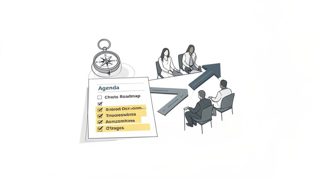 Illustration of a business meeting with an agenda, compass, and a path showing progress.