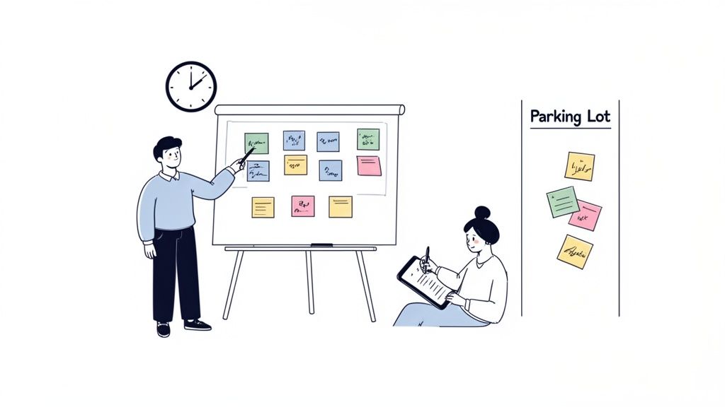 Man pointing at a whiteboard with sticky notes as a woman writes, a 'Parking Lot' for ideas.