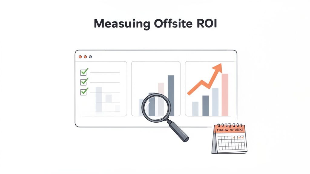 Illustration: measuring offsite ROI with data analysis, growth charts, magnifying glass, and follow-up calendar.