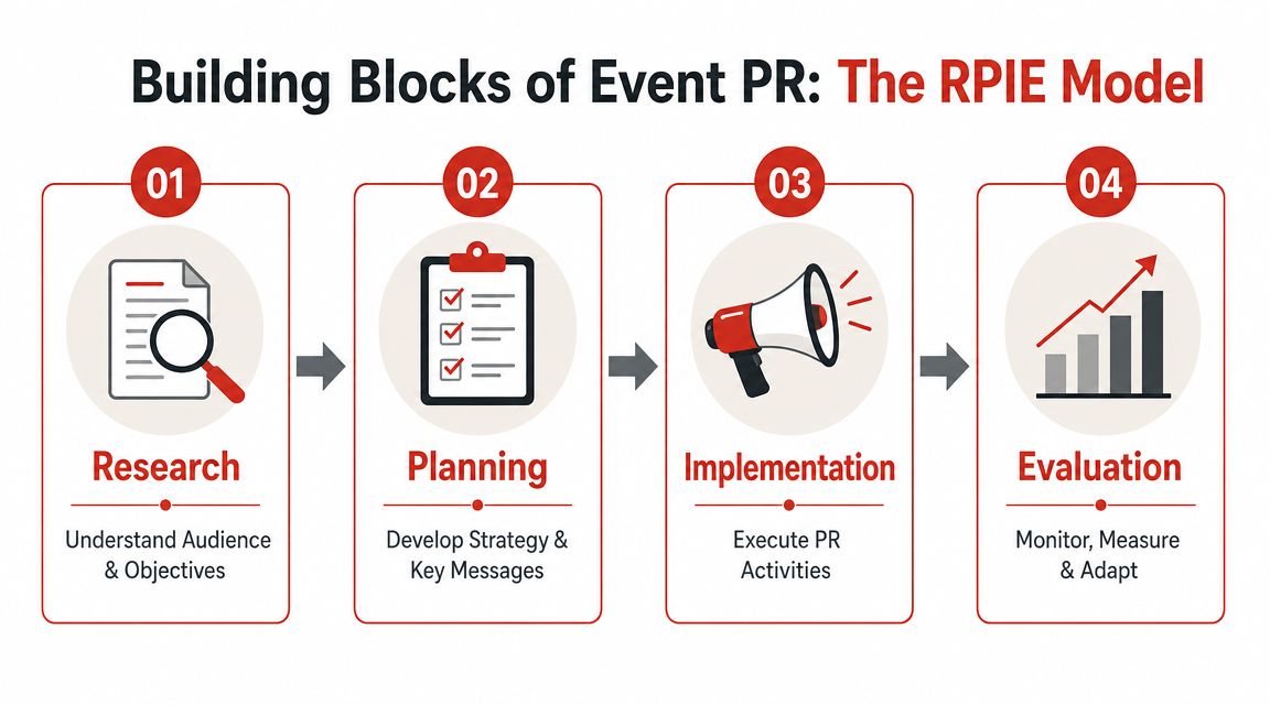 A diagram illustrating the four-step RPIE model for event public relations: Research, Planning, Implementation, and Evaluation.