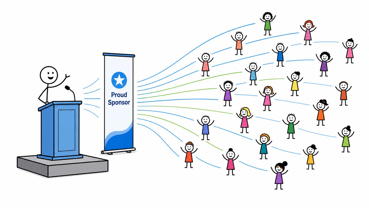 A stick figure speaker standing at a podium next to a banner, spreading information to many people.