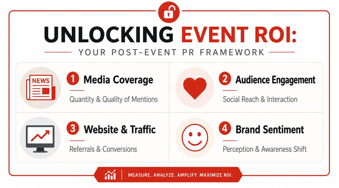A diagram outlining a four-part post-event public relations framework to measure and maximize event ROI effectively.