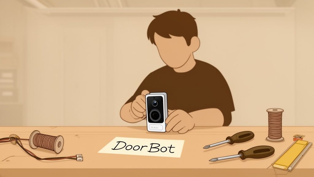 Animated person working on a 'DoorBot' smart doorbell prototype, with tools and wires.