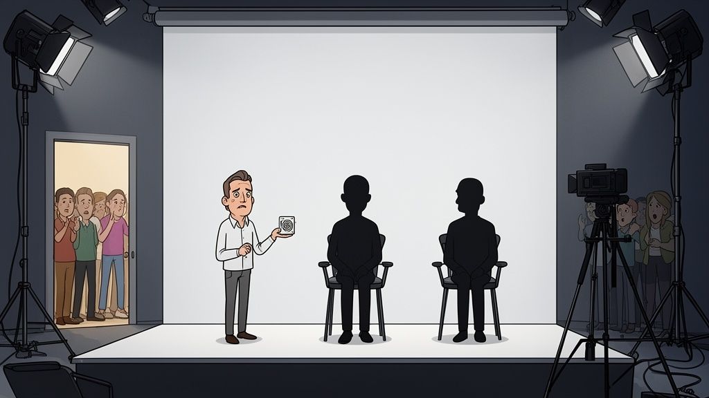 A man presents a smart home device to shadowy figures on a stage, a nervous crowd watches.
